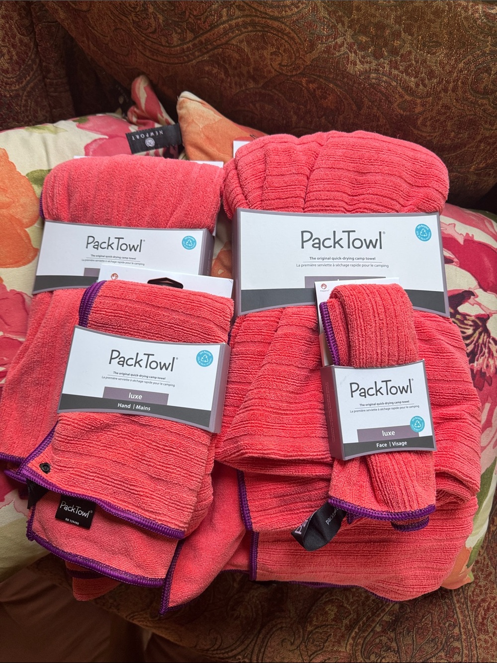 PackTowl Luxe set 4 Lightweight Microfiber Camping Travel towel coral NEW NWT